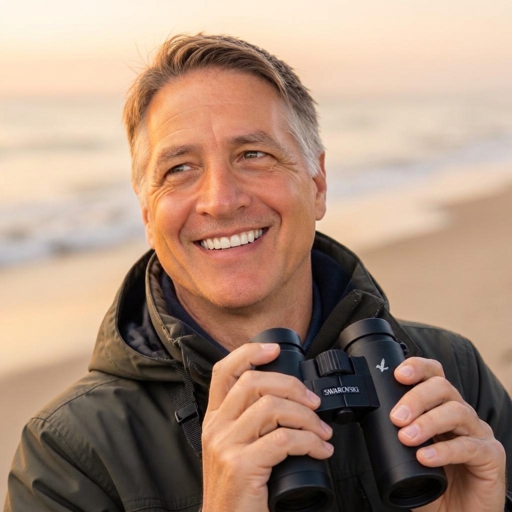Edward J. Sirianno, Founder and Principal Consultant, holding binoculars on a shoreline at sunrise.