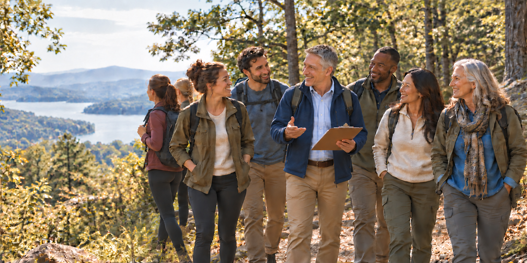 Edward Sirianno walking outdoors with nonprofit leaders while carrying a clipboard.