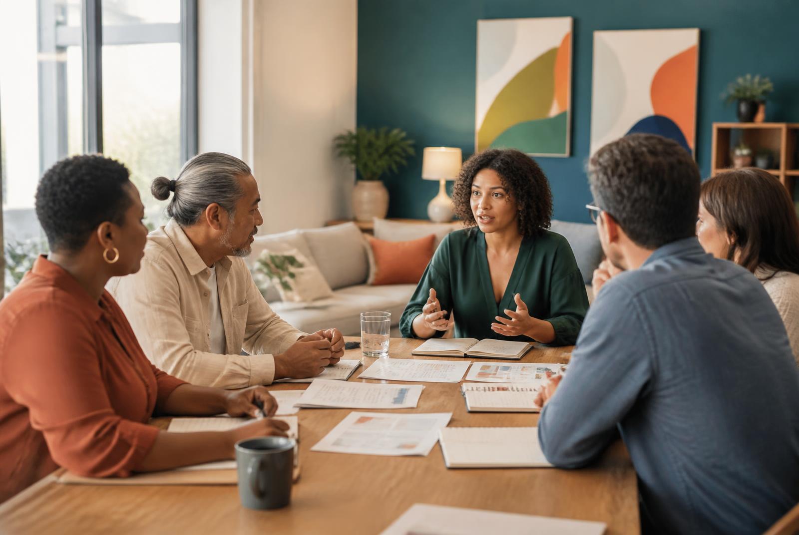 Staff of a community health and human-service organization meeting around a table in a bright room.