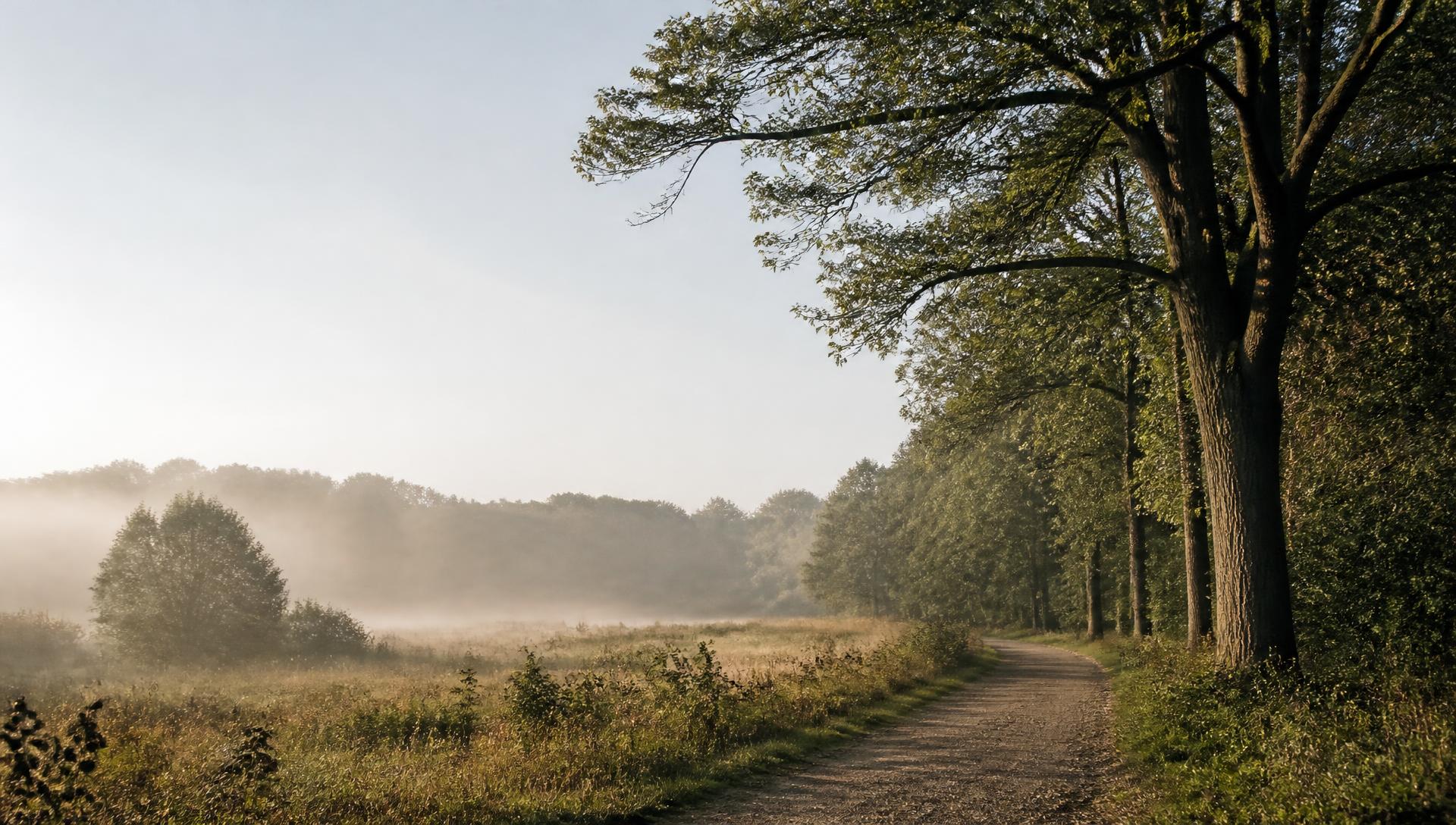 A gravel trail edging a misty preserve meadow at sunrise, bordered by mature trees.